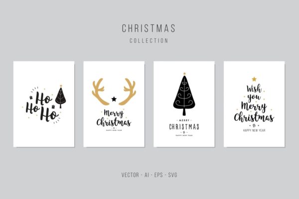 鹿角&圣诞树手绘图案圣诞节贺卡矢量设计模板集v1 Christmas Greeting Vector Card Set