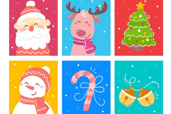 圣诞节主题简笔画手绘贺卡设计模板 Set of Christmas card illustrations