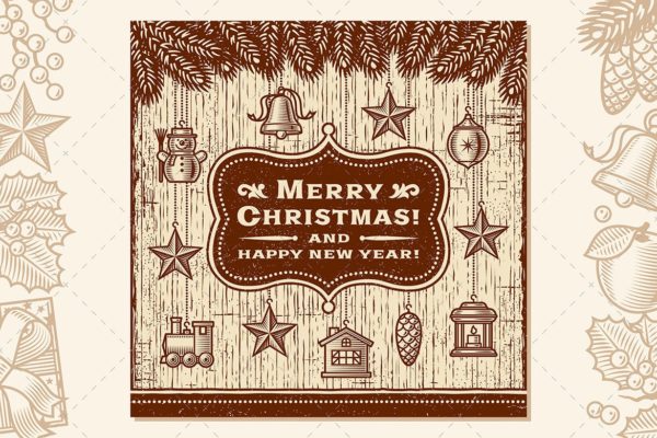 棕色装饰复古设计风格圣诞节贺卡模板 Vintage Christmas Card With Decorations Brown