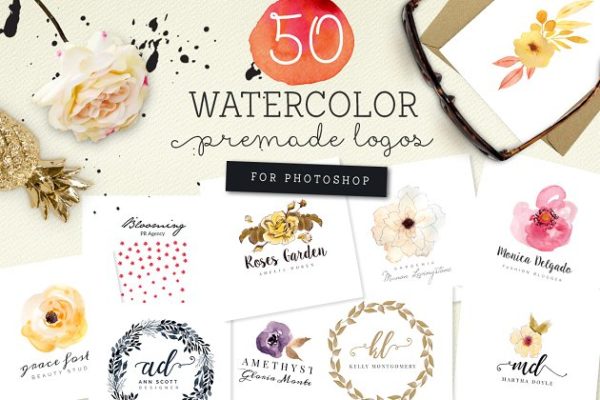 50枚预设水彩风格Logo模板 50 Premade Watercolor Logos缩略图 50枚预设水彩风格Logo模板 50 Premade Watercolor Logos