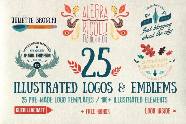 25枚手绘风格Logo标志模板 25 Illustrated logos and emblems