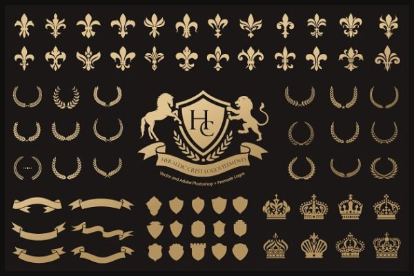 奢侈花边纹章徽标设计组成套件 Heraldic Crest Logos elements set缩略图 奢侈花边纹章徽标设计组成套件 Heraldic Crest Logos elements set