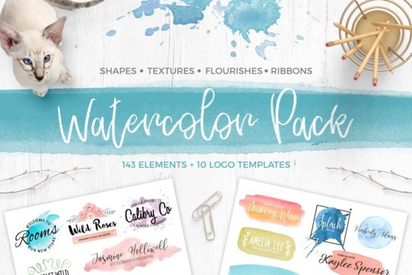 水彩设计元素&水彩风格Logo设计模板 Watercolor Pack. Textures and logos