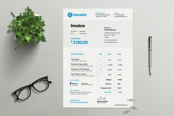 简约设计商业账单电子发票设计模板 Clean Simple and Minimal Business Invoice