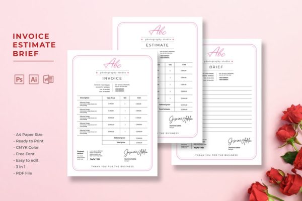 简约版式企业发票/预算表/报价表设计模板 Invoice Estimate Brief