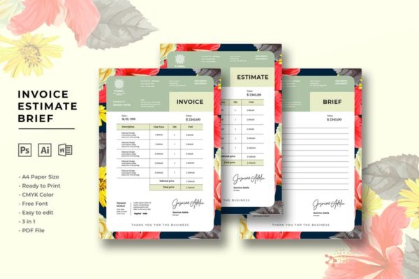 水彩元素边框高级账单发票单据设计模板 Invoice Estimate Brief