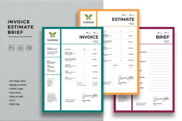 企业发票/预算/报价表标准模板素材 Invoice Estimate Brief