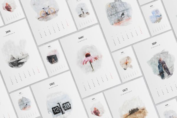 水彩手绘插画设计风格2020日历表年历表设计模板 2020 Watercolor Calendar缩略图 水彩手绘插画设计风格2020日历表年历表设计模板 2020 Watercolor Calendar