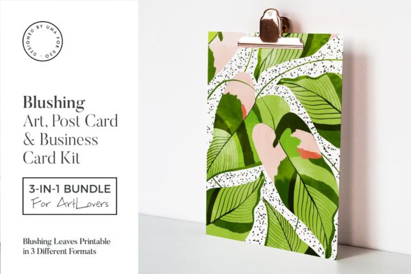 香蕉叶手绘艺术明信片&企业名片设计模板 Blushing Leaves Art & Stationary Kit