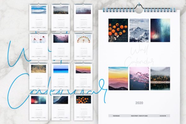 2020年风景照片挂墙活页日历设计模板 Wall Calendar 2020 Layout