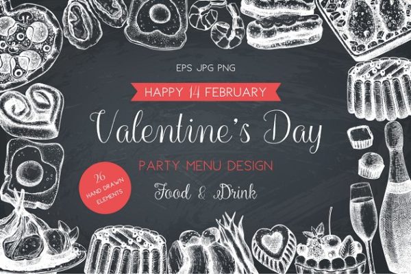 情人节主题西餐菜单模板 Vector Menu for Valentine’s Day