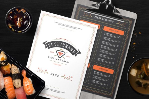 寿司美食菜单设计模板&品牌Logo设计 Sushi Menu Template and Logo