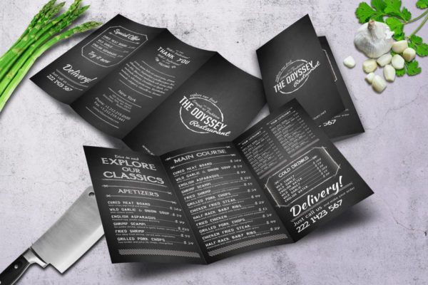 黑色复古排版餐厅菜单PSD模板 Odyssey A4 Trifold Menu缩略图 黑色复古排版餐厅菜单PSD模板 Odyssey A4 Trifold Menu