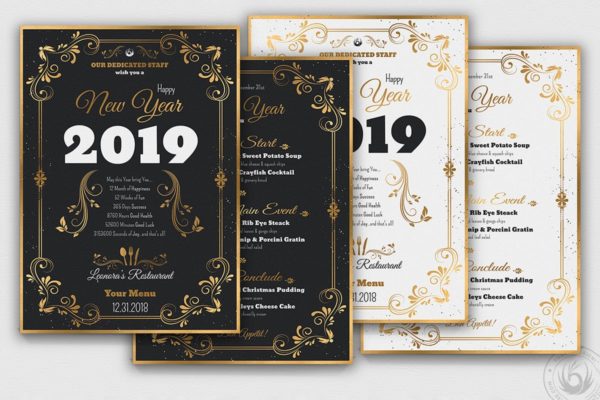高级餐厅豪华金边框新年聚餐菜单PSD模板V1 New Year Menu Template V1