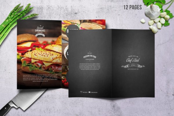 对折页高级餐厅菜单模板设计 Chef’s Bifold Restaurant Menu – A4 &US Letter 12p