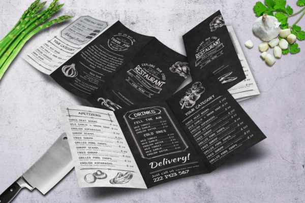 粉笔画素描风格三折页西式快餐设计模板 Sketch Trifold Food Menu A4 and US Letter