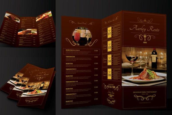 三折页西餐厅菜单设计模板 Elegant Restaurant Menu Trifold