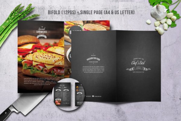 西式快餐菜单点餐牌PSD模板 Chef Restaurant Menu Bunle A4 & US Letter