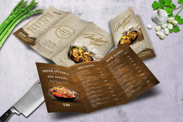 印度咖喱主题餐厅三折页食物菜单模板 Indian A4 & US Letter Trifold Food Menu