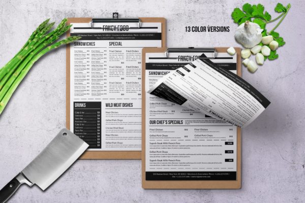 A4纸极简设计风格西式菜单设计模板 Simple A4 Minimal A4 Menu – 13 Color Versions