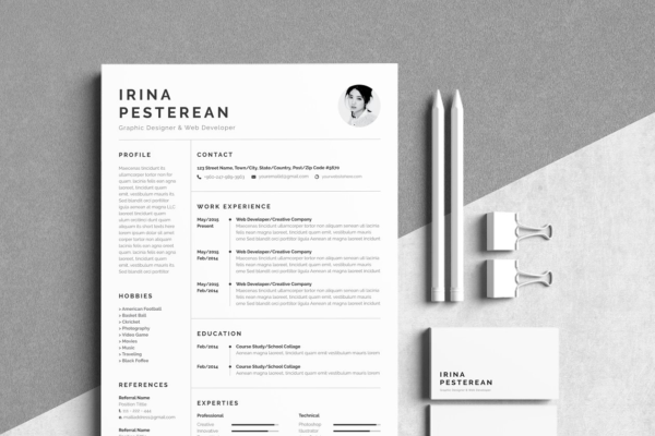 简约黑白风格个人简历设计模板 Resume|Cv_Irina Pesterean缩略图 简约黑白风格个人简历设计模板 Resume|Cv_Irina Pesterean