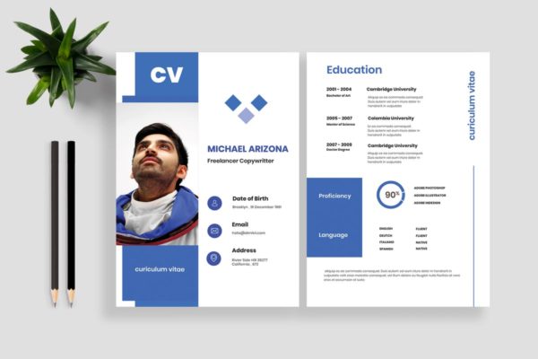 蓝色设计风格个人履历/求职简历模板 Resume CV Template 16