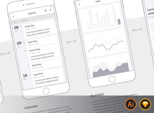 90+手机 APP 界面线框图套件 Mobile Wireframe Kit [AI&Sketch]