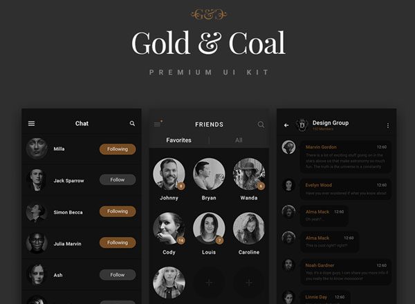 即时聊天工具应用界面 UI 套件 Chat & Messages – Gold & Coal UI Kit