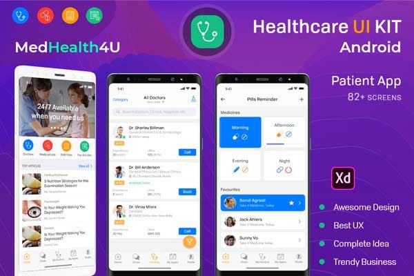 大洋岛下午茶：安卓Android版健康医疗相关功能的 APP UI KIT 模板套装下载[XD]