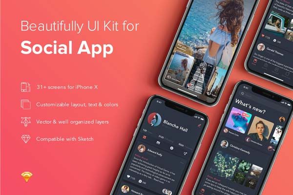 大洋岛下午茶：深色的社交应用APP UI KIT模板套装下载 [Sketch]