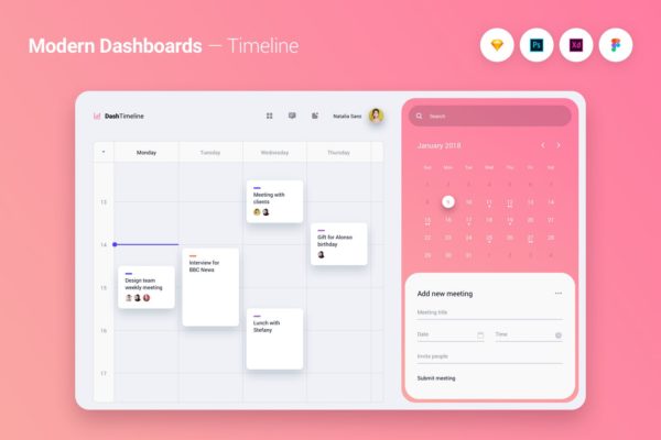 现代设计风格日程表软件UI设计模板4 Modern Dashboard UI UX Kit Template Theme – 4缩略图 现代设计风格日程表软件UI设计模板4 Modern Dashboard UI UX Kit Template Theme – 4