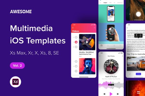 iOS手机多媒体APP应用UI设计套件XD模板v2 Awesome iOS UI Kit – Multimedia Vol. 2 (Adobe XD)缩略图 iOS手机多媒体APP应用UI设计套件XD模板v2 Awesome iOS UI Kit – Multimedia Vol. 2 (Adobe XD)