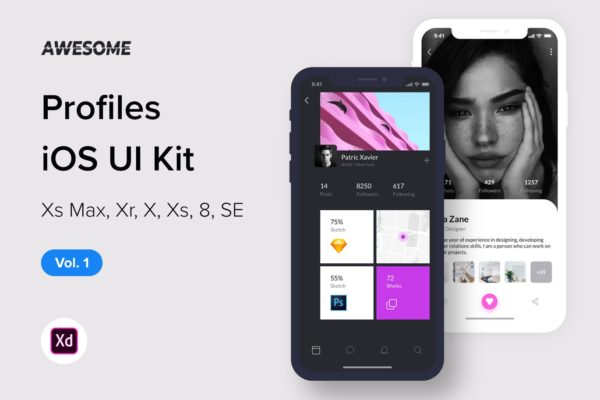 iOS手机社交APP应用软件UI设计套件XD模板v1 Awesome iOS UI Kit – Profiles Vol. 1 (Adobe XD)