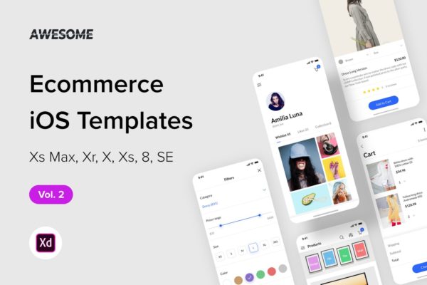 iOS手机电子商务商城APP应用UI设计套件XD模板v2 Awesome iOS UI Kit – Ecommerce Vol. 2 (Adobe XD)