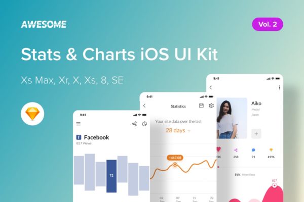 iOS手机数据统计类APP应用UI界面设计SKETCH模板v2 Awesome iOS UI Kit – Stats, Charts Vol. 2 (Sketch)