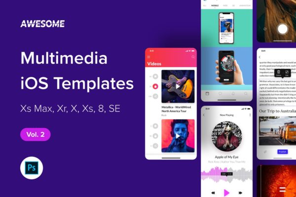 iOS手机多媒体APP应用UI设计套件PSD模板v2 Awesome iOS UI Kit – Multimedia Vol. 2 (Photoshop)缩略图 iOS手机多媒体APP应用UI设计套件PSD模板v2 Awesome iOS UI Kit – Multimedia Vol. 2 (Photoshop)