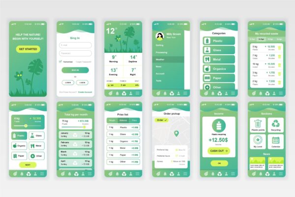 生态能源资源回收APP应用用户交互界面设计UI套件 Ecology Mobile App UX and UI Kit缩略图 生态能源资源回收APP应用用户交互界面设计UI套件 Ecology Mobile App UX and UI Kit