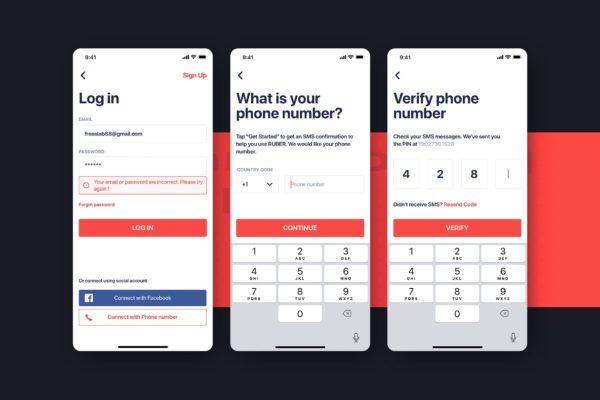 网约车APP应用UI设计之手机验证界面设计模板 Car Booking UI mobile concept – Verify Phone