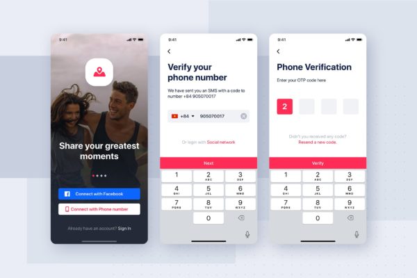 社交APP短信验证注册界面UI设计模板 Social mobile app UI template缩略图 社交APP短信验证注册界面UI设计模板 Social mobile app UI template