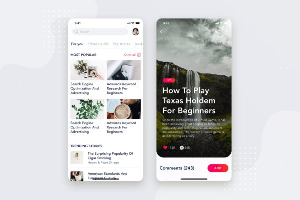 社交APP应用文章列表&详情界面设计模板v4 Social – Articles Mobile Interface Concept缩略图 社交APP应用文章列表&详情界面设计模板v4 Social – Articles Mobile Interface Concept