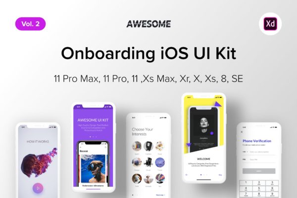 iOS平台APP应用用户引导页设计XD模板v2 Awesome iOS UI Kit – Onboarding Vol. 2 (Adobe XD)