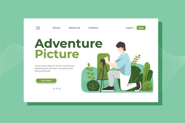 野外冒险摄影插图网站着陆页设计模板 Adventure Picture Landing Page Illustration缩略图 野外冒险摄影插图网站着陆页设计模板 Adventure Picture Landing Page Illustration