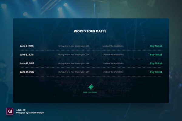 乐队世界巡演在线订票系统价格表单UI模板 for XD Band World Tour – Adobe XD