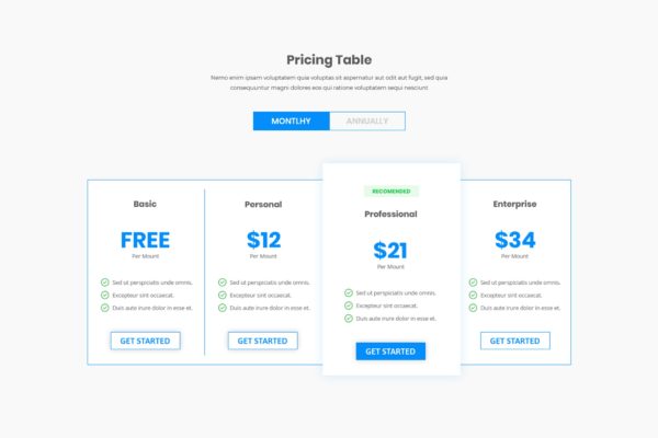 网站订阅套餐服务价格表单UI设计模板 Pricing Table