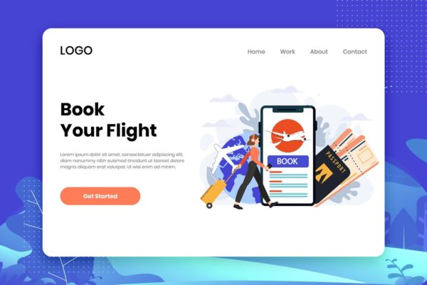 扁平设计风格机票预订场景插画网站设计模板 Book your flight flat design web template缩略图 扁平设计风格机票预订场景插画网站设计模板 Book your flight flat design web template