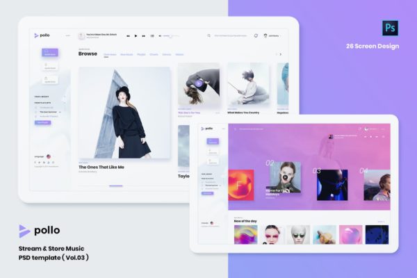 在线音乐网站平台UI界面设计PSD模板 Stream & Store Music PSD Template ( version 3.0 )