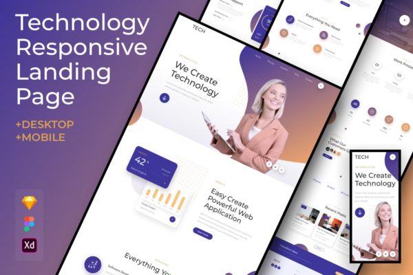 商业技术响应式网站着陆页设计模板[FIG, SKETCH, XD] Business Technology Responsive Landing Page