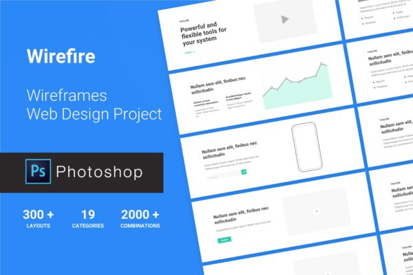 网站设计项目必备网站设计线框图PSD模板 Wireframe Web Design Project 300++ PSD Version