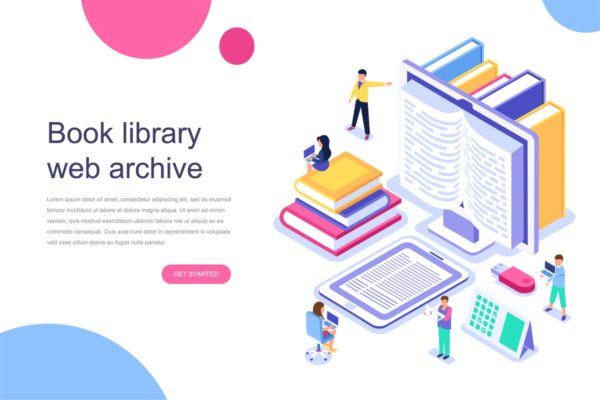 电子图书馆等距概念插画 Book Library Isometric Concept