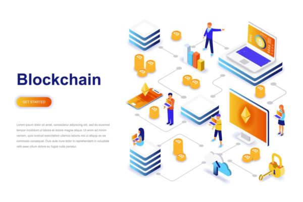 比特币区块链等距概念插画 Blockchain and Cryptocurrency Isometric Concept